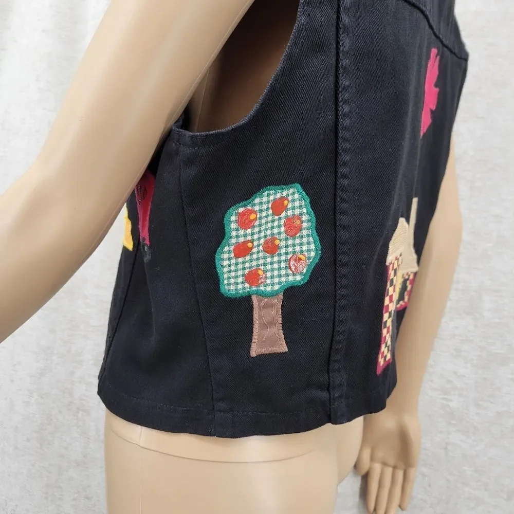Vintage 80s Black Denim Vest with Embroidered Patches Chickens Farmcore - Picture 10 of 16